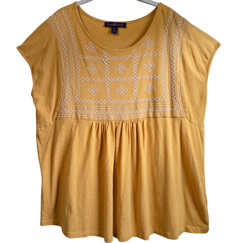 Gloria Vanderbilt Boho Mustard Yellow Embroidered Babydoll Top‎ XXL Slub Knit